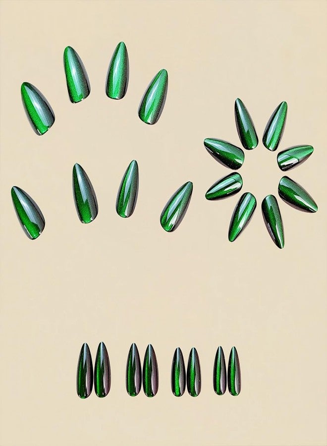 HJKDSFD Green Glitter Press on Nails Medium Almond Fake Nails with Solid Color Gradient Designs Green Stiletto Acrylic False Nails Glossy Artificial Nail Reusable Glue on Nails for Women 24Pcs - Image 2